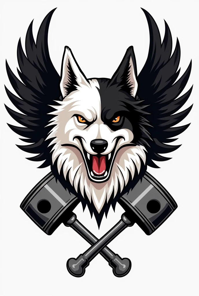 I need a coat of arms for a motorcycle club with a white border colie dog with only the right ear black(but not up to the eye) and angry in the middle but only his bust, with small wings coming out from behind him on the sides, and two crossed pistons coming out of the bottom of the dog's head