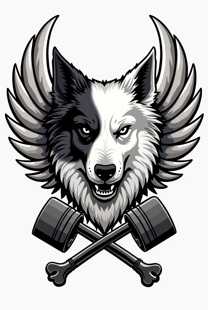 I need a coat of arms for a motorcycle club with a white border colie dog with only the right ear black(but not up to the eye) and angry in the middle but only his bust, with small wings coming out from behind him on the sides, and two crossed pistons coming out of the bottom of the dog&#39;s head