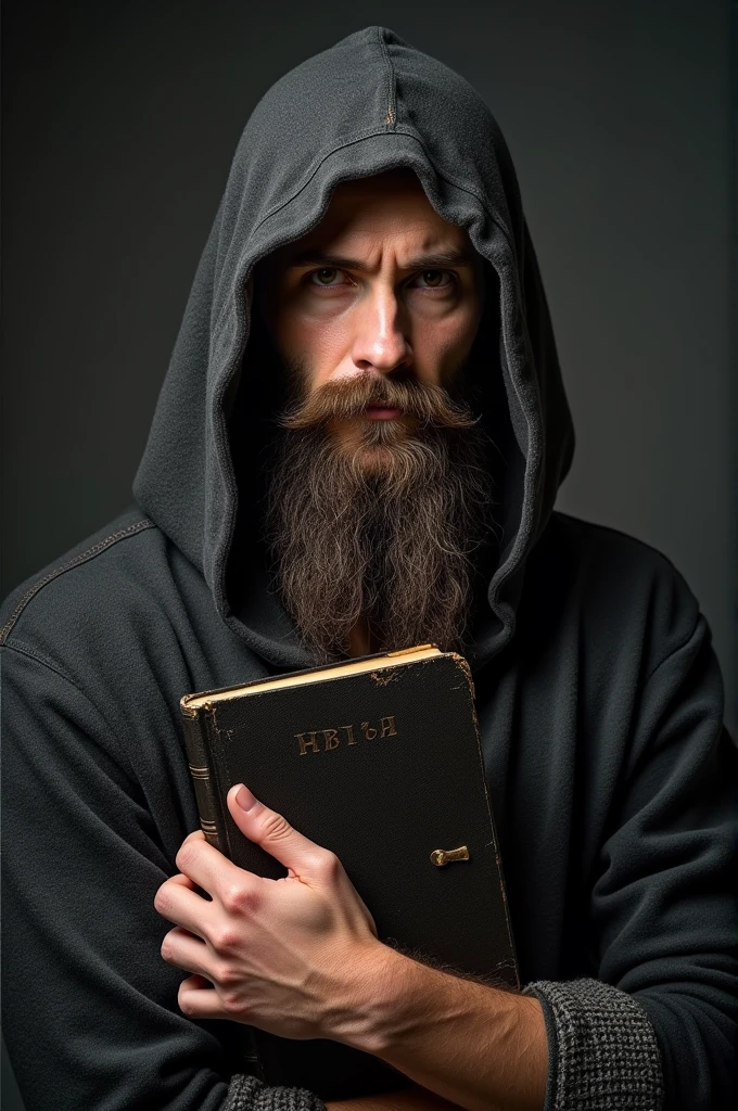 A handsome strong bearded man hooded in a dark and rough Viking style holding a bible. Front photo 