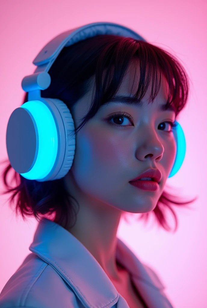 Create an image with a light pink background. A girl with a huge neon blue headset listening to music. front pose