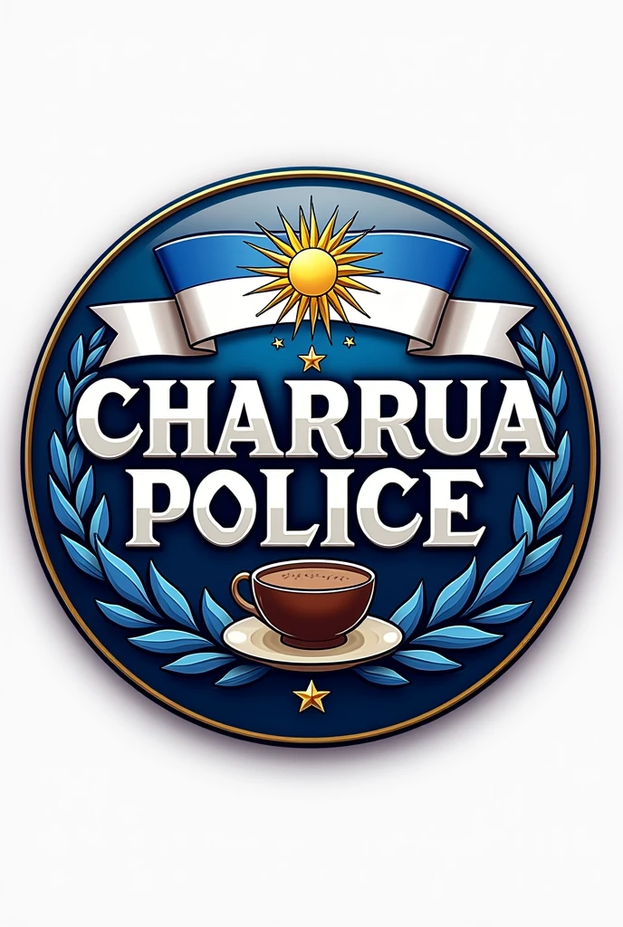 Design a circular image that says Charrua police with Uruguay flags with a mate