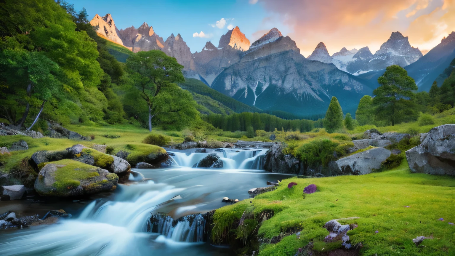 Beautiful hyper-realistic landscape with mountains, trees and waterfall, 8 k, cool image,กลางคืน,ท้องฟ้ามืด
