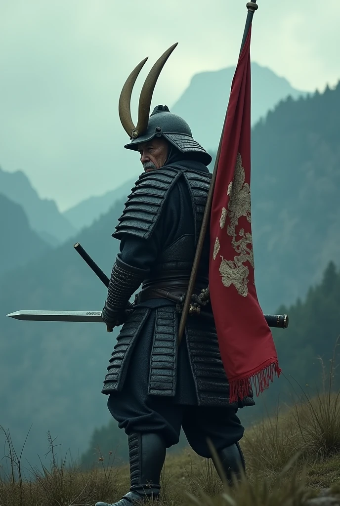 I want to create a scene from a movie. realistic expression. Camera filming behind the main character. An old armored warrior dressed in Japanese armor. He is carrying a vertical flag with his family crest used in the Warring States period in Japan., crossed on the back. The helmet worn by the warrior has a large crescent-shaped horn on the front. The composition of the entire body is made from head to toe. The background is dark because the sun has not yet risen over the misty mountains. Both hands are 45 degrees below horizontal, holding a drawn sword, ready for battle at any time, Left and right toes stepping on the grass, whole body, taken from the back, young guy,