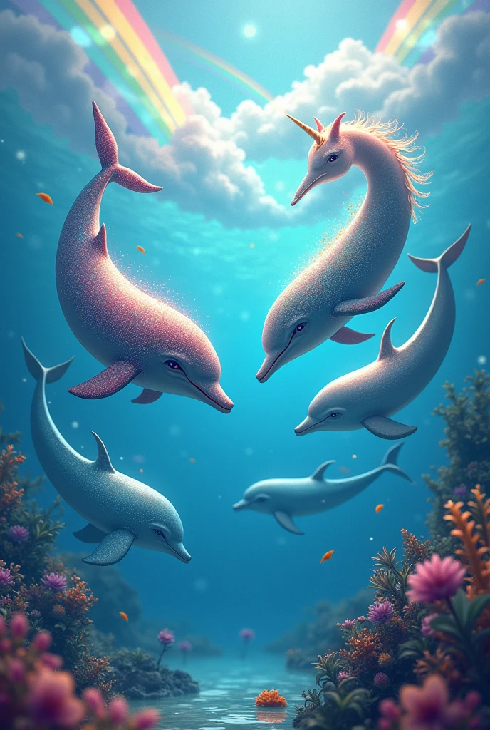 take a picture of dolphins with rainbows and glitter and fish, Many more rainbows and more sparkles and have a unicorn with more sparkles and clouds and sky and sea and seabed