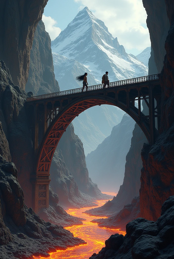 A huge rusty iron bridge connected to a cave and connecting the continuation of the cave with an exit to a mountain and below the bridge there is a river of lava. And two scientists crossing one to the other end of the bridge, one in the middle. . They are a man and a woman with loose black hair