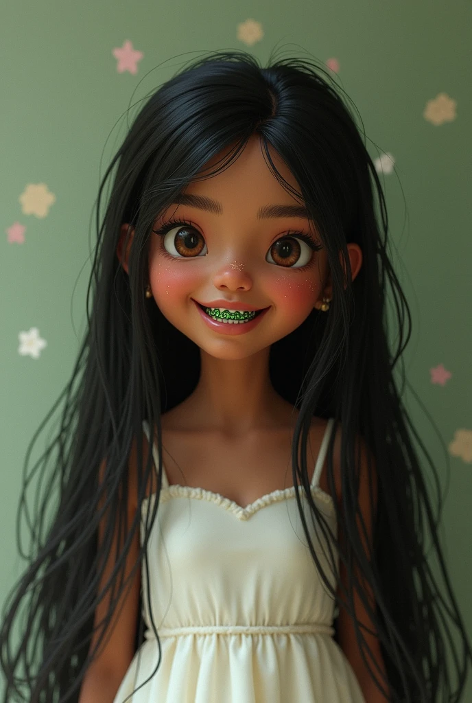A very cute, tender witch with dark skin, long, straight black hair, a pretty smile, green braces, brown eyes, and a white dress.