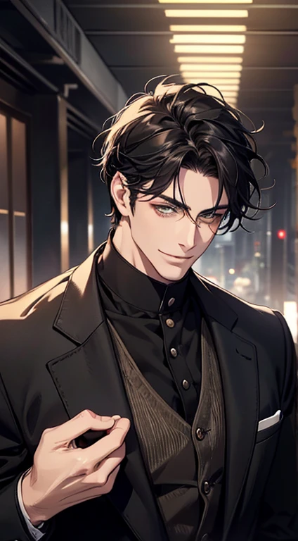 a mature handsome man with short black hair and green eyes, buttoning his jacket, smiling in love, cinematic lighting, photorealistic, 8K, masterpiece, best quality