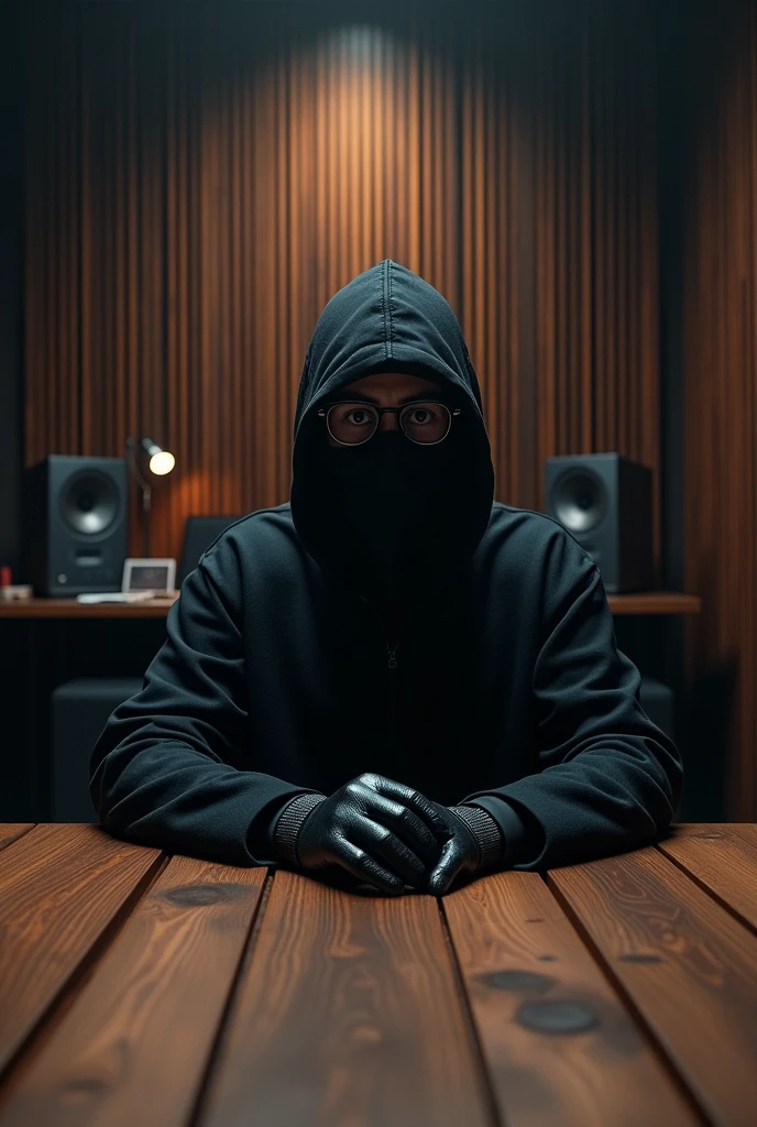 I need you to make a recording studio with some dark wooden slats on the wall as a background and a table that matches that background., At that table adds a masked person with black glasses recording in the studio sitting at the table , Remember that you have to show me the perspective that the camera would see when recording, with the wall in the background . Add some quality background lights and some decorations that you think will add decoration.. The person must be dressed in a black cape and several black gloves., In addition to a black mountain pass and glasses
