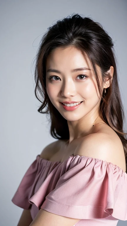 ((Highest quality、8k、masterpiece:1.3))、Photorealistic, Sharp focus, high resolution, High resolution,Portraiture, One person、Japanese、woman, beautiful woman, (((pink　Off the shoulder　 dress)))、30 years old, Plump, Medium Long Hair,smile