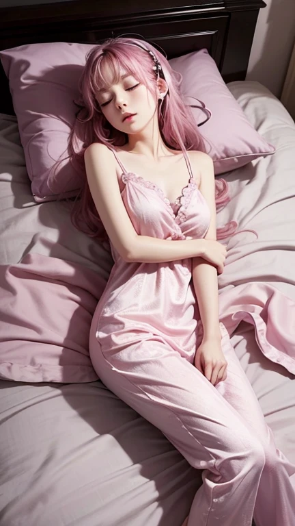 Lights out。Sleeping in bed。Sleeping with eyes closed。Beautiful young woman listening to music through headphones while lying down、Moonlight。Little Anime。Pink NO。Enchanting rooms。relax。Dark beautiful room。Woman with fair skin。pajamas。