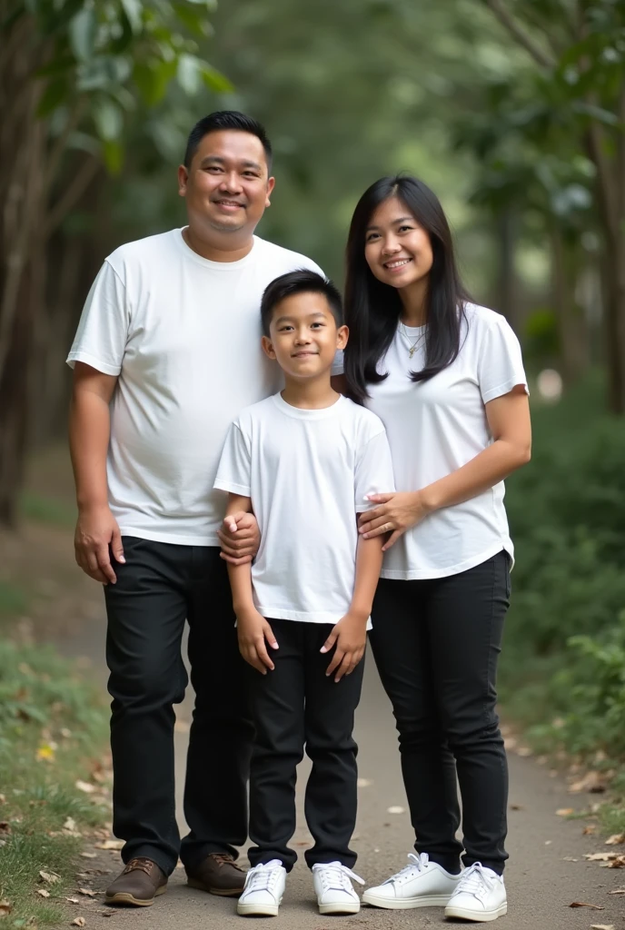 Family, filipino, wearing white shirt, black pants, white shoes, whole body, realistic, not really hd, natural lightings, not edited, 5 fingers