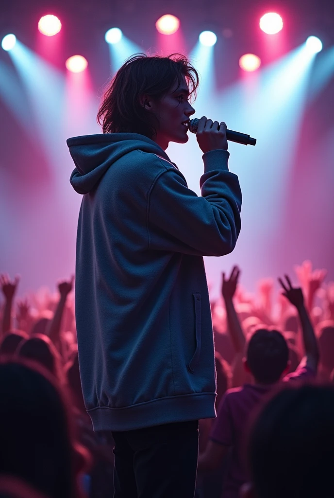 best quality handsome male teenager long brown hair light skin with gray hooded coat singing holding a microphone seen from far away at a concert with details details