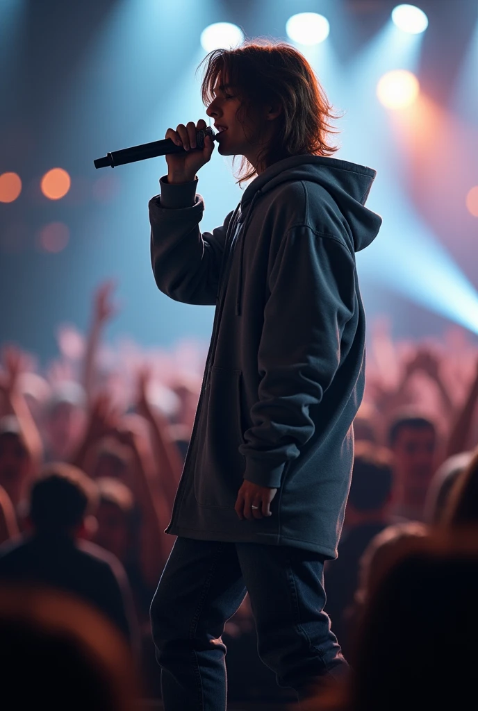 best quality handsome male teenager long brown hair light skin with gray hooded coat singing holding a microphone seen from far away at a concert with details details