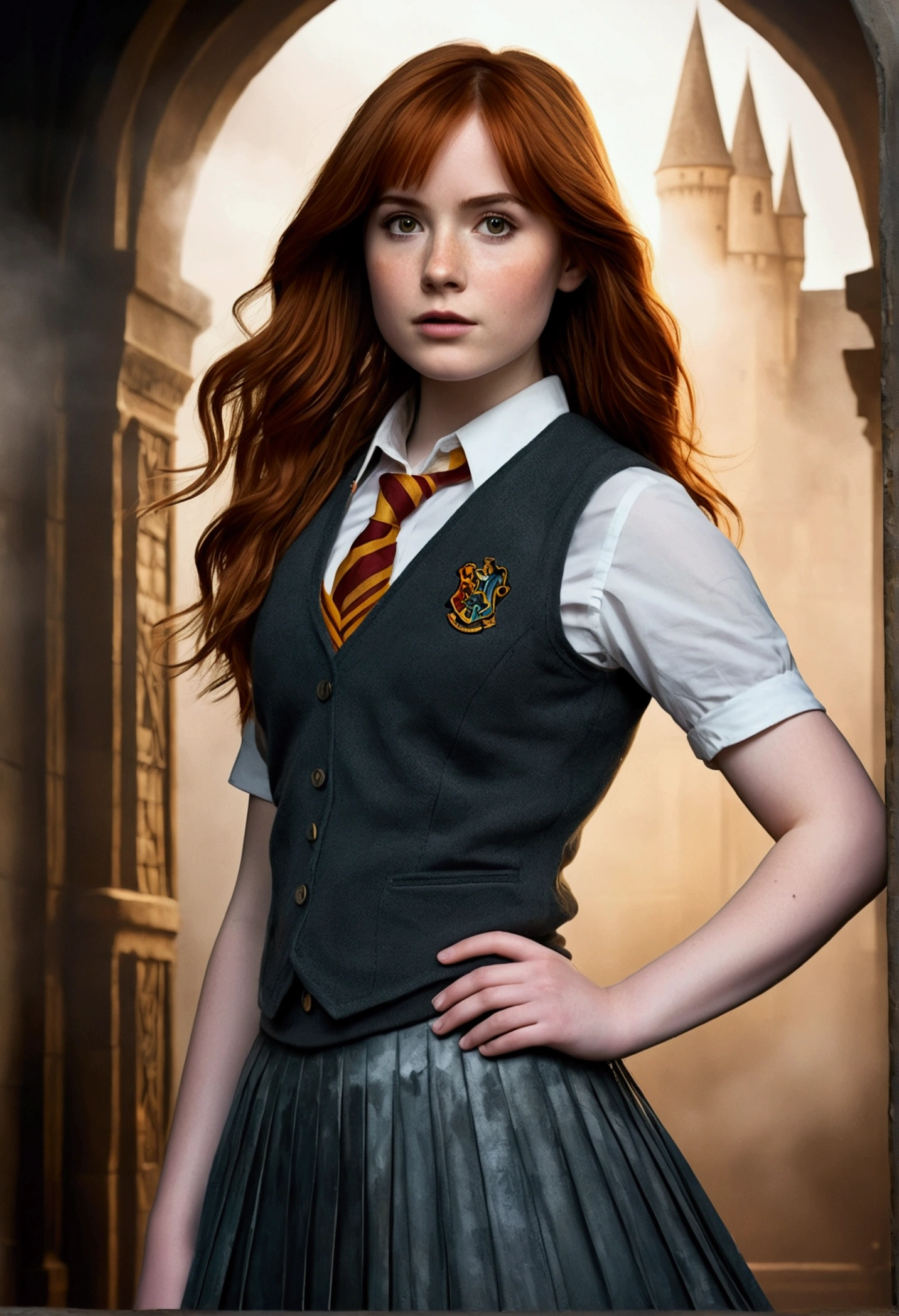 An illustrated movie poster, hand-drawn, full color, a teenage Hogwarts student, 18-years-old, female, wearing a charcoal vest and a pleated skirt, athletic hourglass figure, full wide hips, massive round butt, long shapely legs, ridiculously thick powerful thighs, vibrant eyes, deep dark auburn hair, thick shaggy bangs, flushed sun-kissed complexion, freckles, resembles Karen Gillan, standing in a foggy Hogwarts courtyard, surrounded by mist, graphite shading, stencil marks, airbrushed acrylic paint, masterpiece, close-up shot, in the style of the Deathly Hallows 