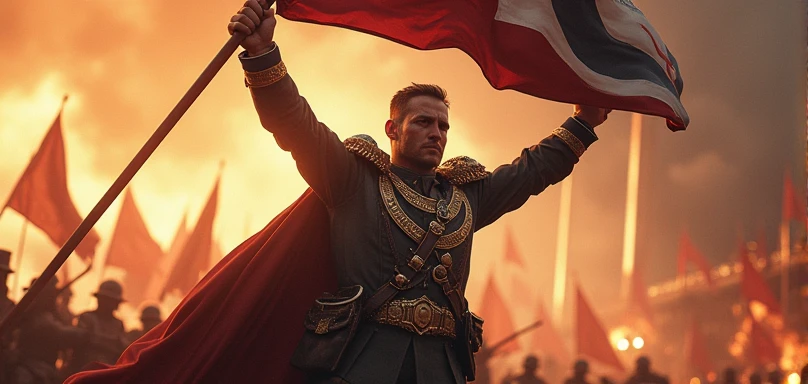 a brave man victoriously holding a flag with the symbol ♂, muscular male figure, detailed military uniform, patriotic expression, dynamic action pose, dramatic lighting, epic battle scene, cinematic composition, digital painting, photorealistic, (best quality,4k,8k,highres,masterpiece:1.2),ultra-detailed,(realistic,photorealistic,photo-realistic:1.37),HDR,UHD,studio lighting,extreme detail description,professional,vivid colors