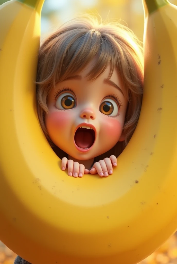 a visibly surprised and delighted young girl, holding a giant banana with one hand. Your eyes are wide open, expressing a mixture of shock and admiration, when he brings a banana close to his face. His hands rest gently on the banana.., and his mouth is half open, adding to his expression of surprise. The scene captured the moment, when she detects the presence of a giant banana and reacts to it., radiating charm and admiration
