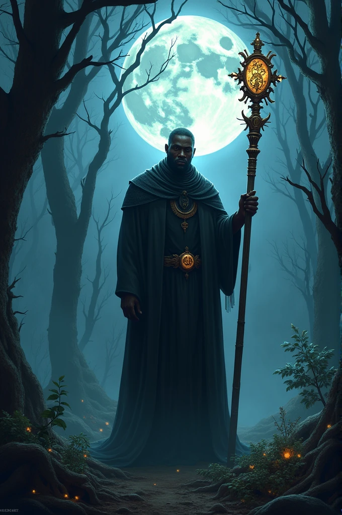 Black man with big staff in hand background with forest and full moon in the sky