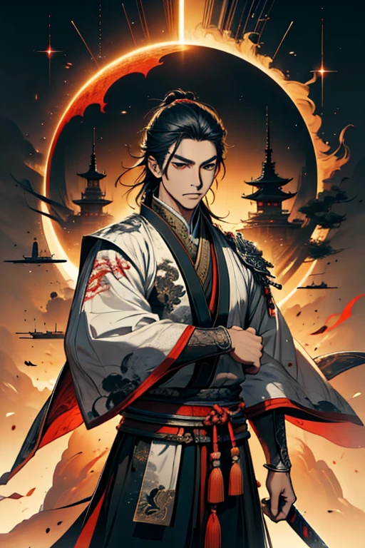 A guy with sword and wolf in front of full moon, samurai, concept art by Yang J, fantasy art, alena aenami and artgerm, artgerm and atey ghailan, by ruan jia and stanley artgerm, artgerm and ruan jia, ross tran 8 k, ross tran and wlop, Cosmology, (detail), (autofocus), ready to draw sword 