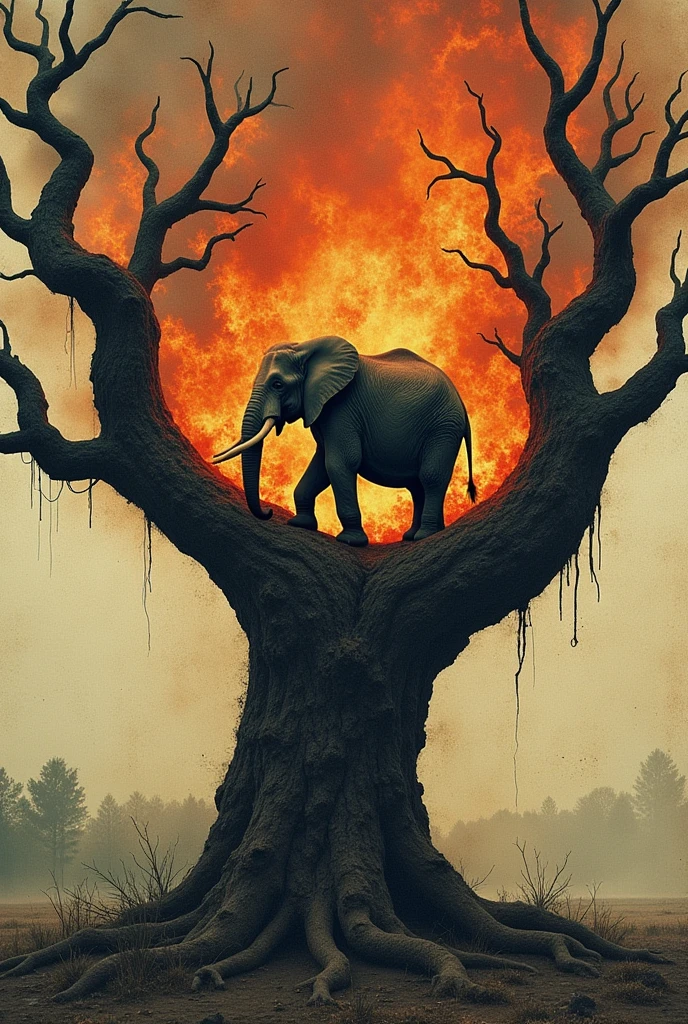 The picture shows a lone elephant trapped in a burning tree in terms of collage work