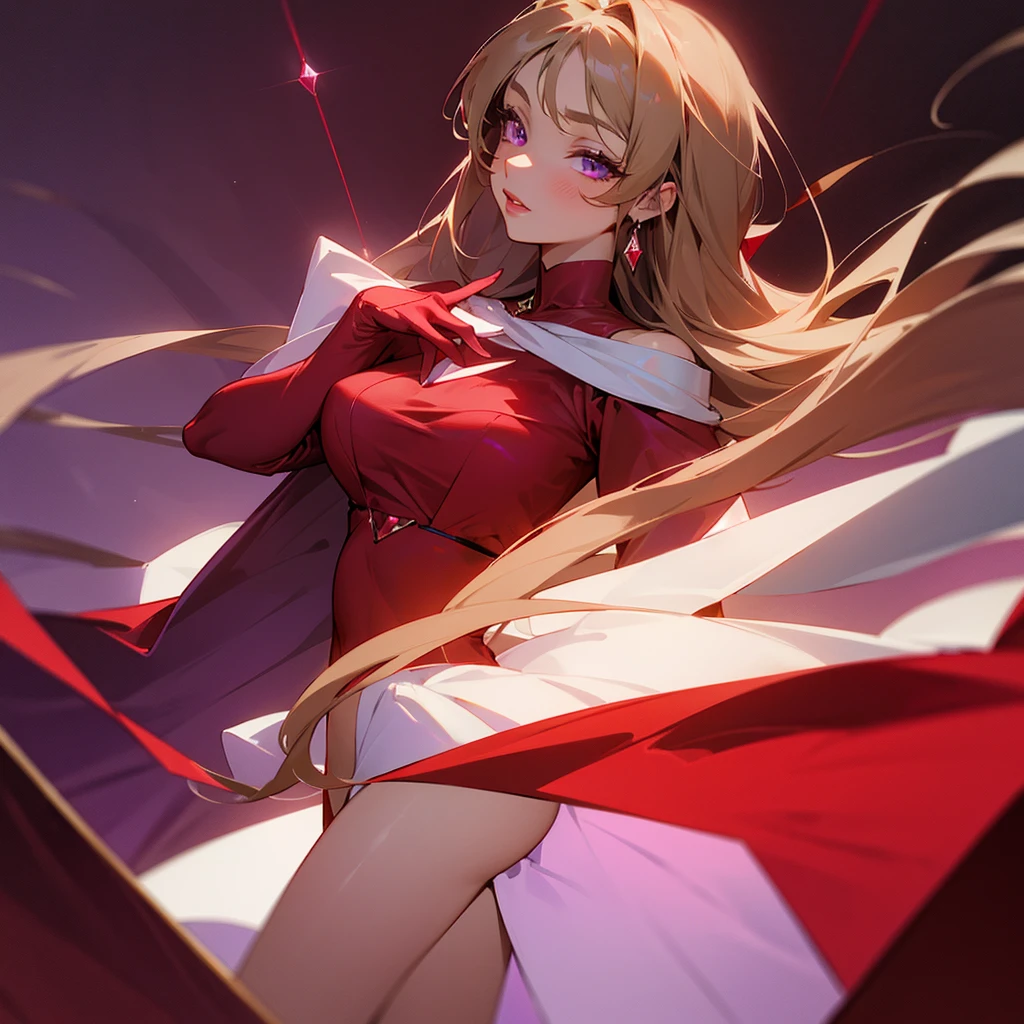 (Best Quality), 1 girl, long straight hair, light brown, purple eyes, crimson lips, a crimson-colored dress, a diamond in her hand