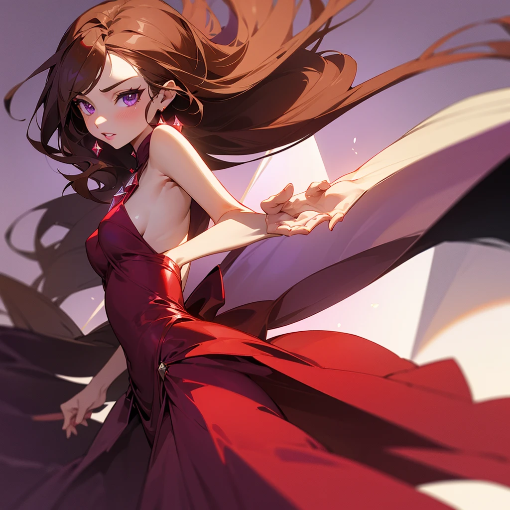 (Best Quality), 1 girl, long straight hair, light brown, purple eyes, crimson lips, a crimson-colored dress, a diamond in her hand