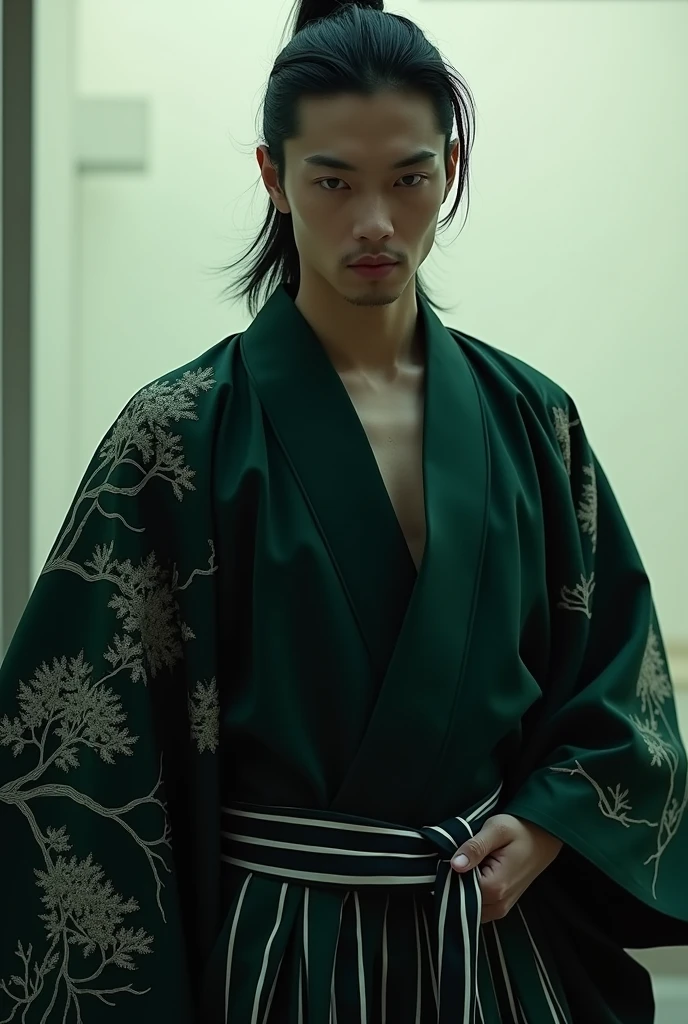 A man with sharp, angular features, thin lips, and slick, side-parted hair.  
   **Hakama Design**: A black and white striped *hakama* with a dark green *kimono* featuring pine tree patterns.
