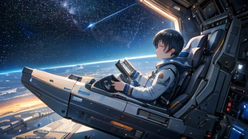 (((masterpiece))), (((Highest quality))), ((Very detailed)), (Highly detailed CG illustrations), ((Very delicate and beautiful)),(From the side),Cinematic Light,A boy climbs into the cockpit,whole body,Boarding a small spaceship,In the cockpit,Starry Sky, Big Clouds,colored glaze,Run up the ramp,Space Station、Preparing for takeoff、Spacesuit