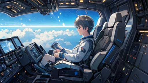 (((masterpiece))), (((Highest quality))), ((Very detailed)), (Highly detailed CG illustrations), ((Very delicate and beautiful)),(From the side),Cinematic Light,A boy climbs into the cockpit,whole body,Boarding a small spaceship,In the cockpit,Starry Sky, Big Clouds,colored glaze,Run up the ramp,Space Station、Preparing for takeoff、Spacesuit