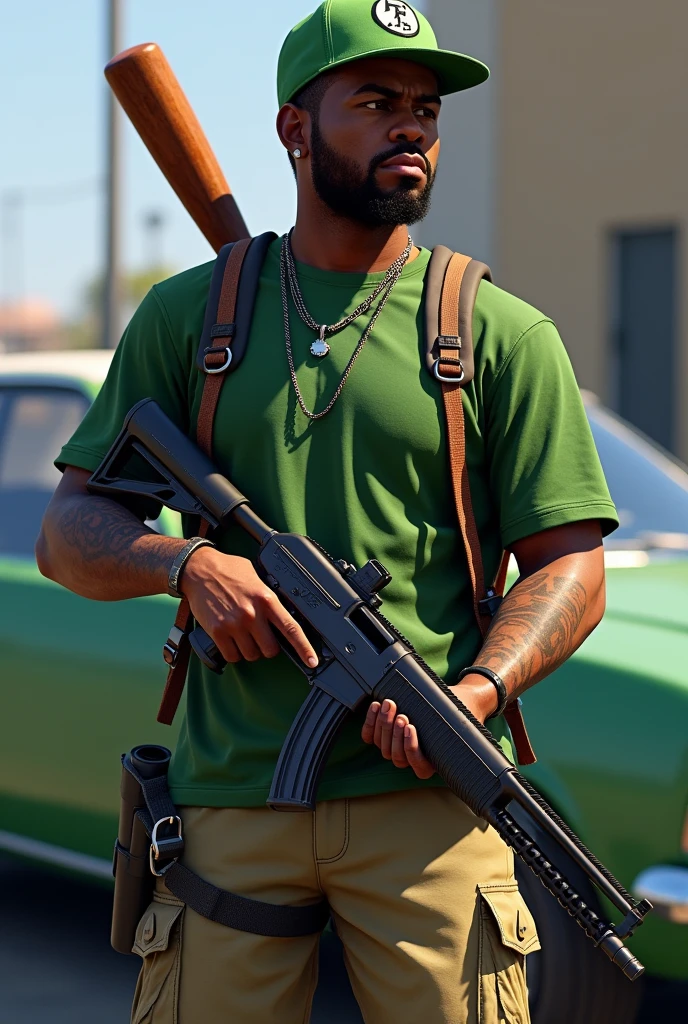 Franklin from GTA 5 with a shotgun and dressed in green and with a baseball bat and a green car