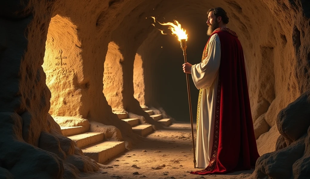 Crie uma imagem hiper-realista e misteriosa de Solomon em uma caverna secreta, where he is discovering different hidden safes, each representing a type of investment – gold, Lands, spices and jewels. Solomon, dressed in a white linen tunic with gold embroidery and a red velvet cloak, holds a torch that illuminates the cave, revealing the hidden treasures. to cave, with its carved walls and ancient symbols, creates an atmosphere of mystery and discovery. The soft light of the torch should highlight the glow of the different vaults, symbolizing diversification as a way to protect and expand wealth in unexpected places.