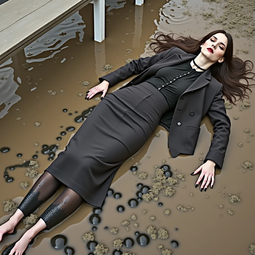 A realistic photo of one slender business goth lady, model-like appearance with long hair. She is dressed in long black business pencil skirt(muddy, dirty,, very torn and very ripped) made from cotton fabric, black business jacket(muddy, dirty) made from cotton and wool fabric. black business vest, white muddy shirt, stockings, black choker on the neck. She located in very muddy and very flooded office. She lie on stomach on the muddy floor leaning on her elbows deep in dirty water and liquid mud, she smears a lot of liquid mud on her black business pencil skirt, jacket, vest, shirt, stockings, face, hair from head to toe. Her skirt and jacket extremely stained and covered with liquid mud, dirt and streaks from it, which has flows down from her jacket, shirt to her skirt, creating a messy and sloppy appearance. The light brilliantly illuminates all her clothes in details, casting small shadows and emphasizing the texture of the liquid mud on her clothes. View angle of the camera from top and rotated in different angle from the business lady.
