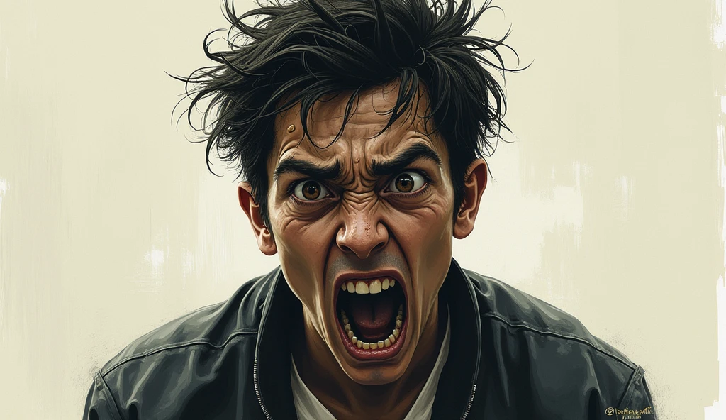 Illustration of a young man going crazy from overwork, perspiring, bulging gaze, messy hair, tired expression