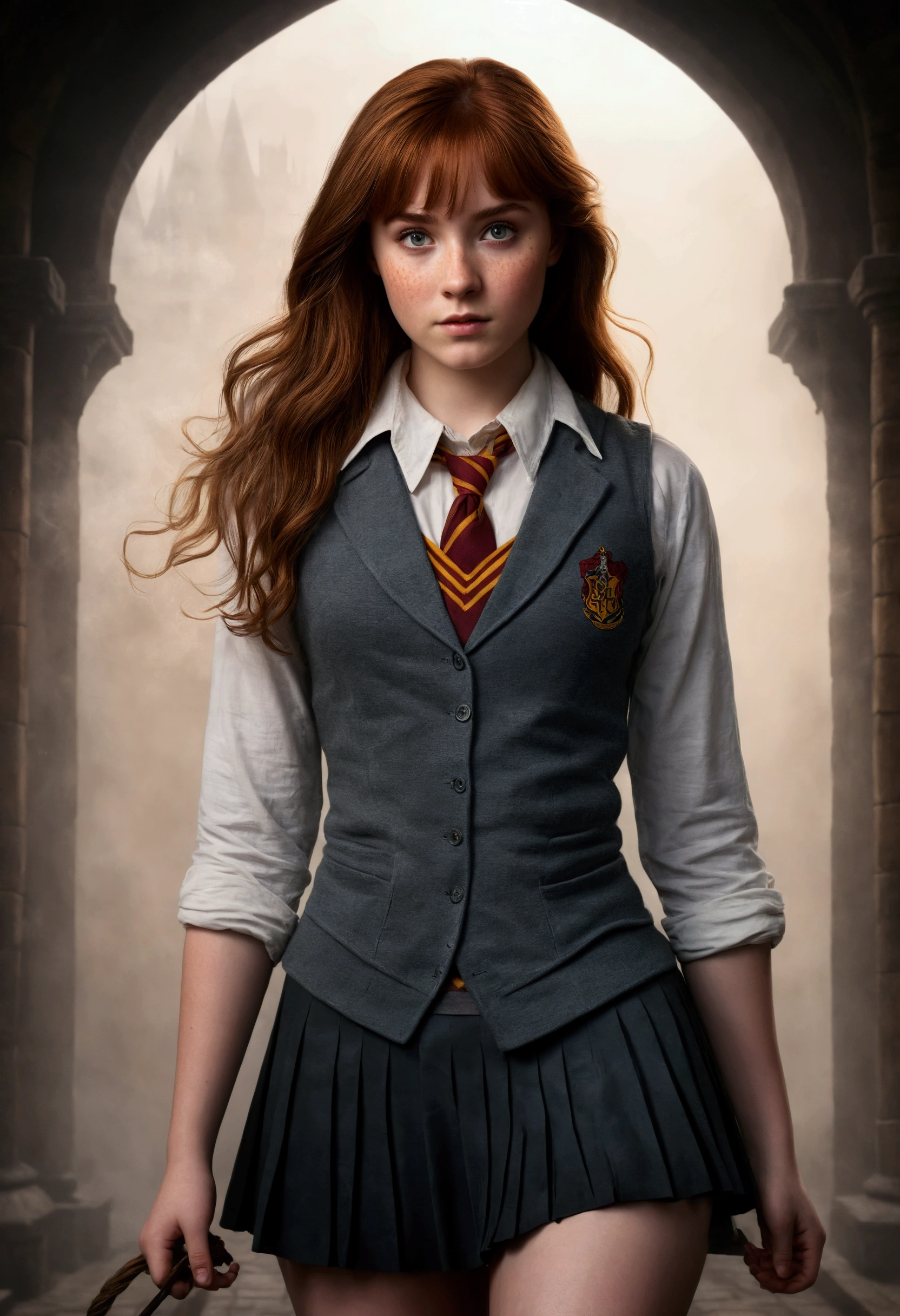 An illustrated movie poster, hand-drawn, full color, a teenage Hogwarts student, 18-years-old, female, wearing a charcoal vest and a pleated skirt, athletic hourglass figure, full wide hips, massive round butt, long shapely legs, ridiculously thick powerful thighs, vibrant eyes, deep dark auburn hair, thick shaggy bangs, flushed sun-kissed complexion, freckles, resembles Genevieve O'Reilly, standing in a foggy Hogwarts courtyard, surrounded by mist, graphite shading, stencil marks, airbrushed acrylic paint, masterpiece, close-up shot, in the style of the Deathly Hallows 