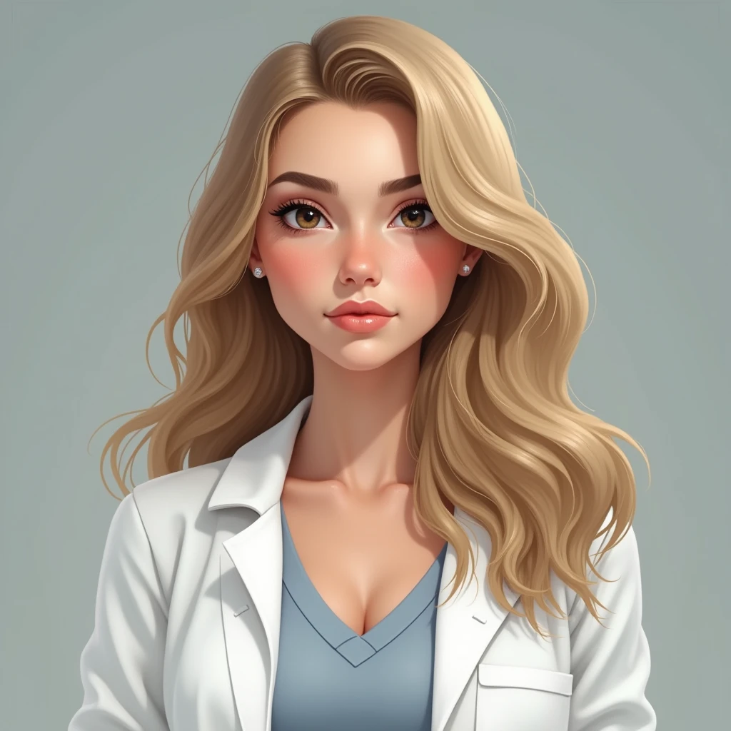 young jewish woman, full weight body, blonde long wavy hair, short neck, straight focus, white lab coat jacket, close up portrait