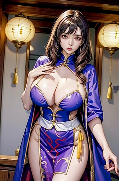 A woman，Breasts larger than torso。Competent female boss。Taoist robe。peach wood sword。yellow talisman。Zombie Taoist Priest。Purple-robed Heavenly Master。Yellow robe。