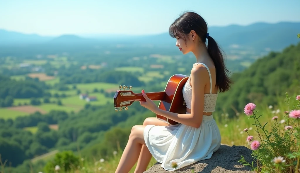 A 20age girl seating on heights of place , white thin skirt , looking so cute, hot, and sexy ,playing guitar, looking under the city, farm , green view, feeling so cool, and blue sky syncing, (realistic image HDR) , (hight details), (vivid)
