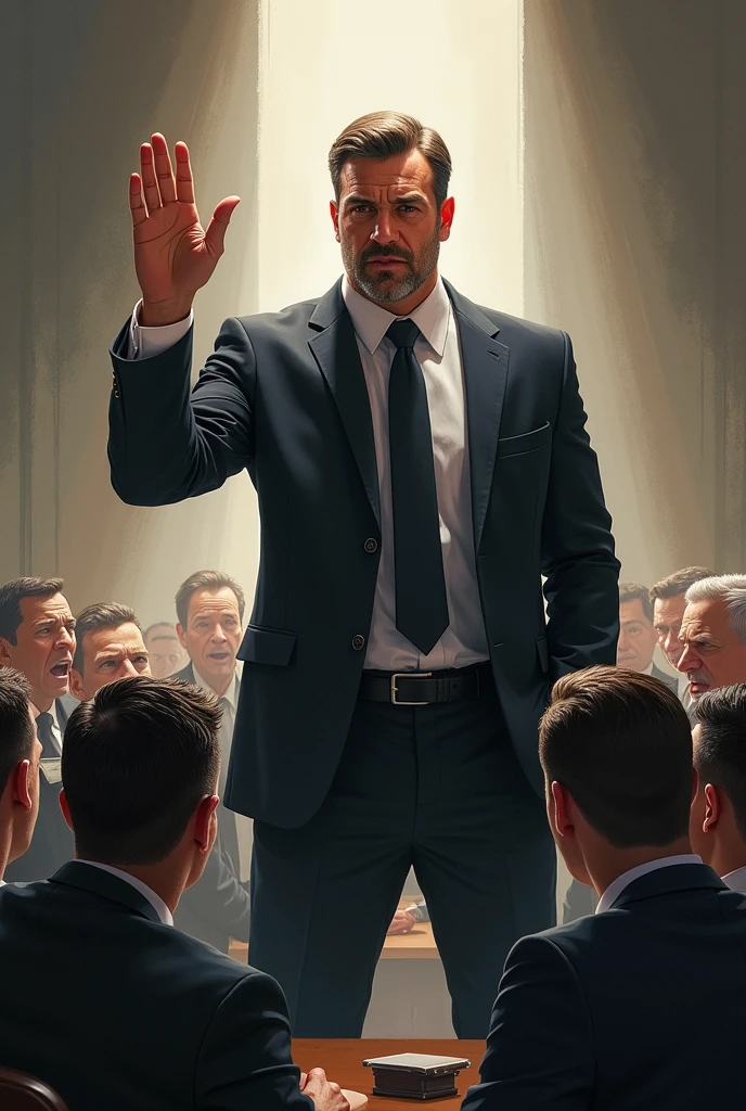 Drawing of a man with a tie rejecting a group of people with his hand