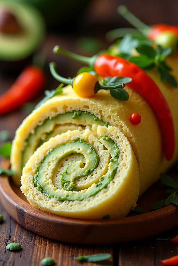 Lima-style cause in the form of a pionono, with avocado inside, decorated with chili on the outside