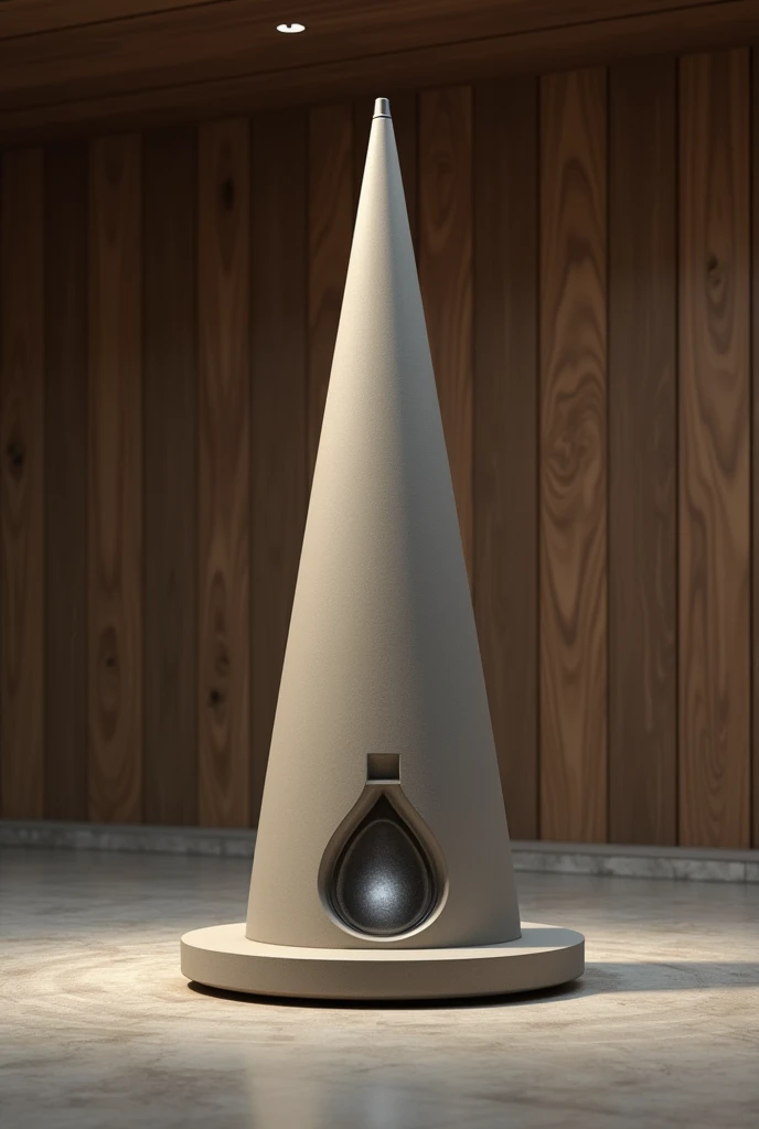 (photorealism:1.2), wooden background, stone floor, cylindrical cone with metal center.
