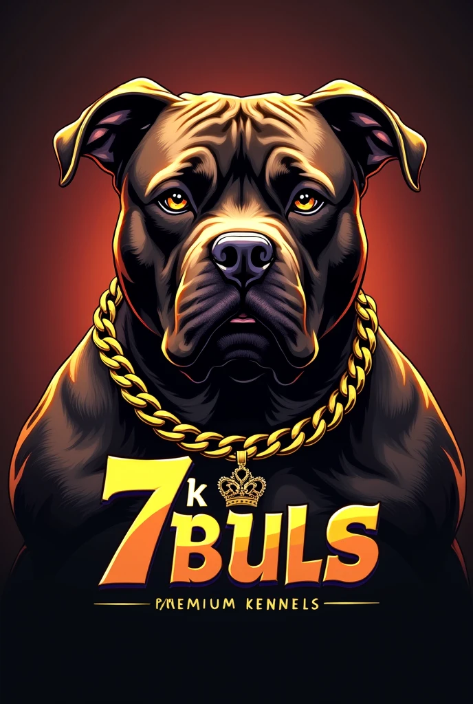 Generate a logo for a dog kennel, Eye-catching logo and gold chains, chocolate colored dogs, Exotic American Bully Breed, short snout, front marked as pit, muscular, extra muscular, cropped ears, The name that will be on the logo is 7K Bulls, dog gets bigger