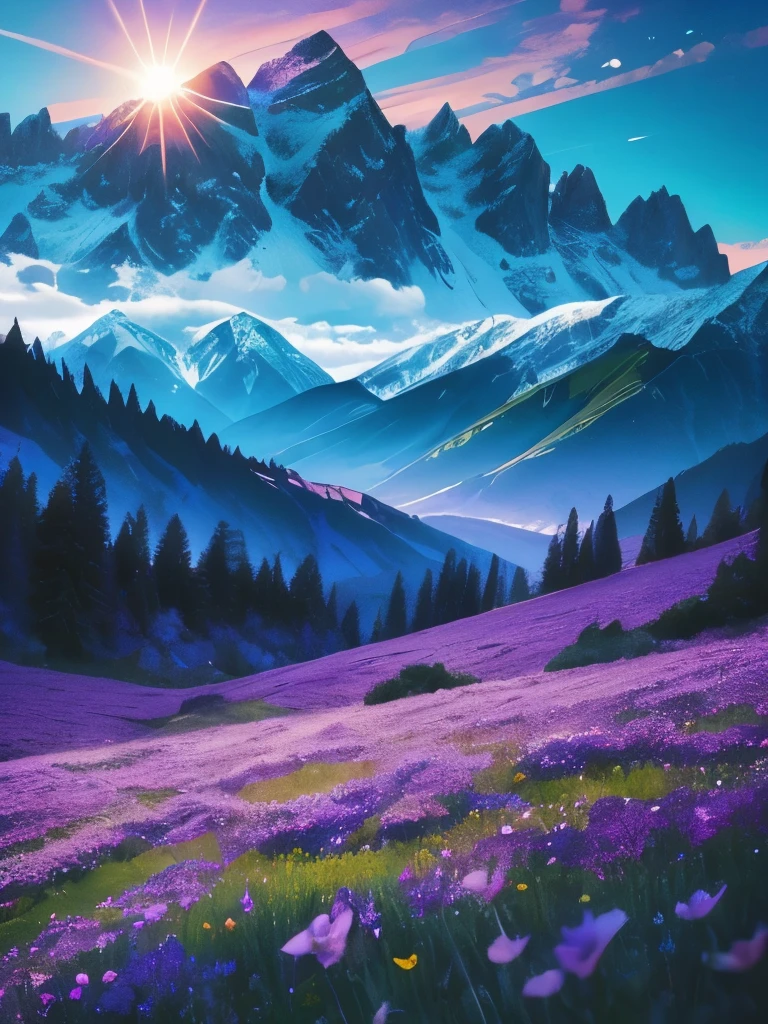 purple flowers in a field with mountains in the background, a photo by George Abe, flickr, color field, gorgeous scenery, stunning nature in background, beautiful setting, beautiful lush colors, really beautiful nature, beautiful scenery, very very very beautiful scenery, blue flower field, moonlight shining on wildflowers, stunning scenery, beautiful nature, amazing landscape in background