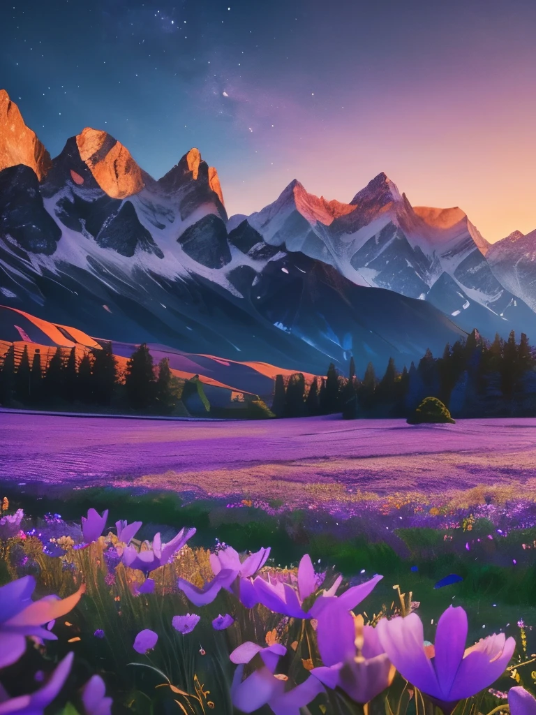 purple flowers in a field with mountains in the background, a photo by George Abe, flickr, color field, gorgeous scenery, stunning nature in background, beautiful setting, beautiful lush colors, really beautiful nature, beautiful scenery, very very very beautiful scenery, blue flower field, moonlight shining on wildflowers, stunning scenery, beautiful nature, amazing landscape in background
