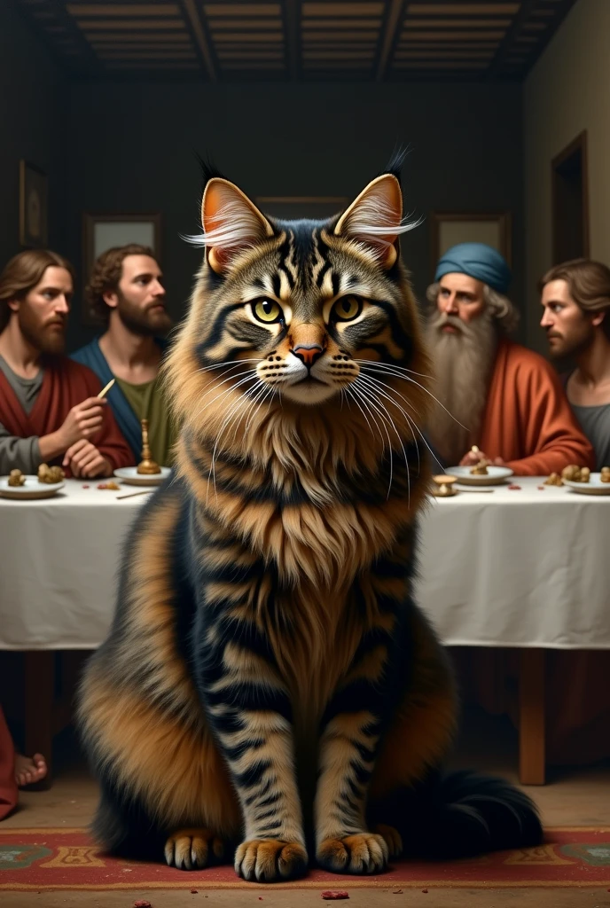 Black and brown gray tabby cat, long hair in artwork the last supper