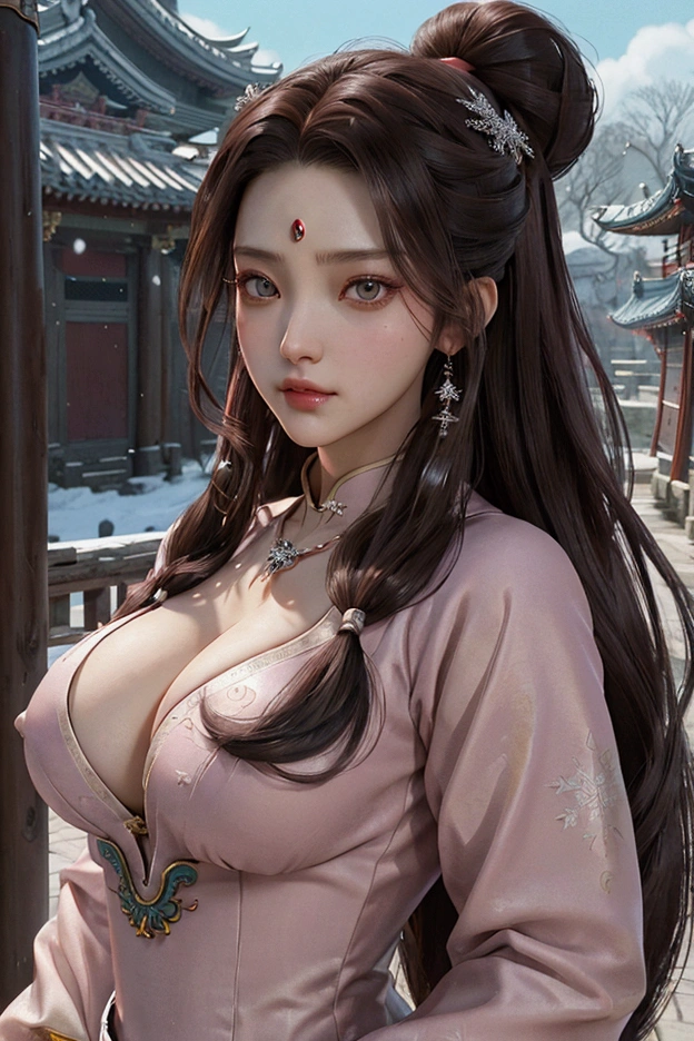 evil anime human woman. half-up long dark brown hair. fair skin. hazel-green eyes. big boobs. Modest Wuxia clothes. snowflake necklace. mauve smirking lips. Realism style. 3D anime model style. CGI animation. Wuxia style. Imperial palace background.