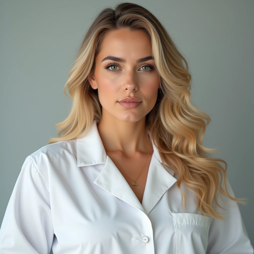 young jewish woman, full weight body, blonde long wavy hair, short neck, straight focus, white lab coat jacket, close up portrait
