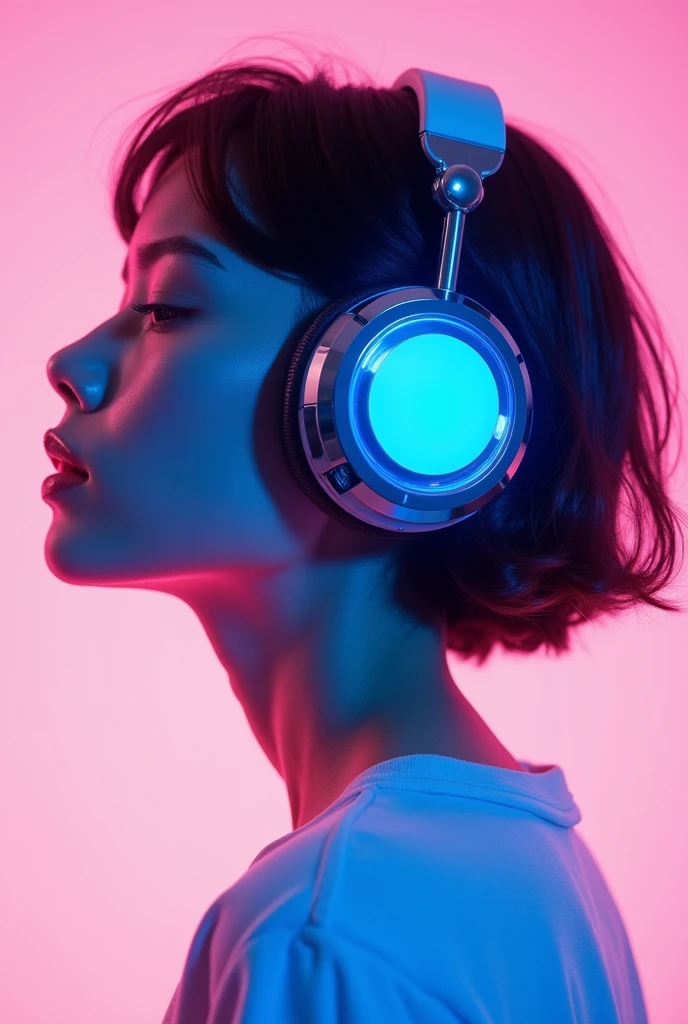 Create an image with a light pink background. A girl with a huge neon blue headset listening to music. front pose