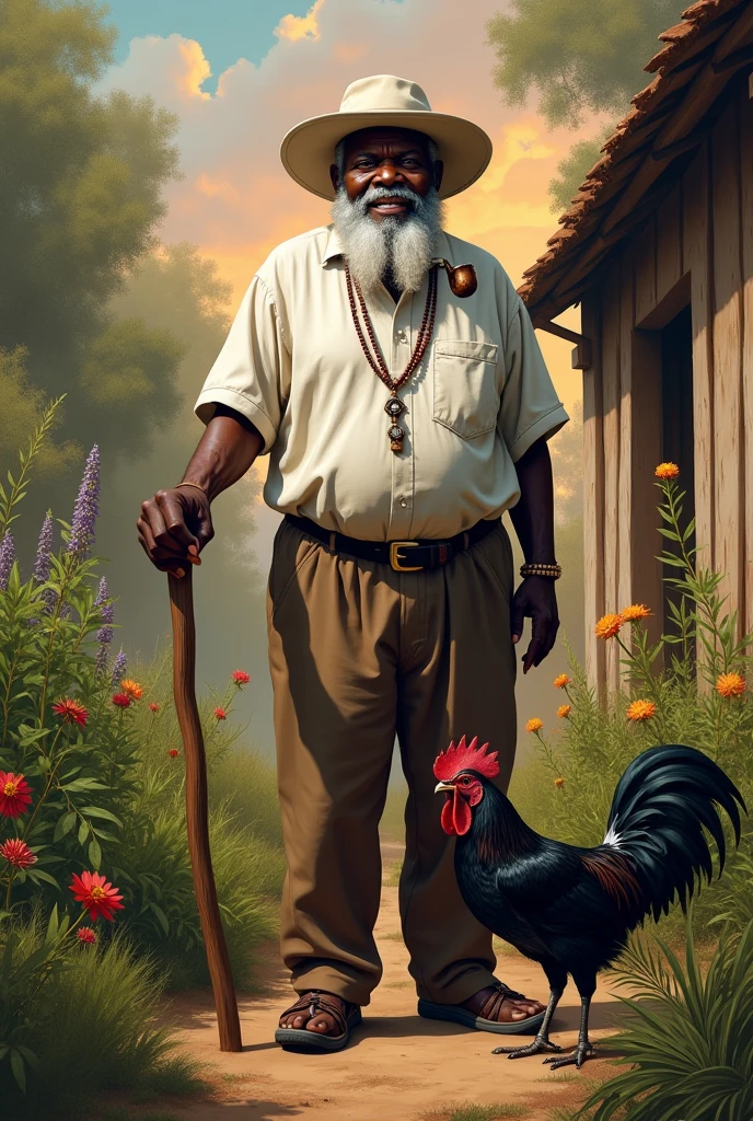 A 90-year-old black man of African descent, a little hunchbacked, tall and strong plump ,wearing brown pants and a starched white shirt, barba, White hat, walking stick, pipe in hand, Grinning, rosary around the neck, in the background a wooden house and many medicinal herbs, twilight and a black rooster on the ground, epicrealism
