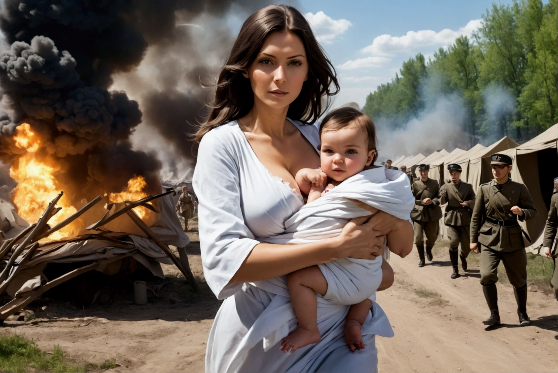 Create a representation of Stanisława Leszczyńska in the midst of war camp, holding a baby, the baby is wrapped in sheets, her clothe is of militar nurse, she is running on the midst of war, explosions on her back, shooters on her back, his clothes a little torn, full body, sexy body, showing her beautiful legs, big boobs