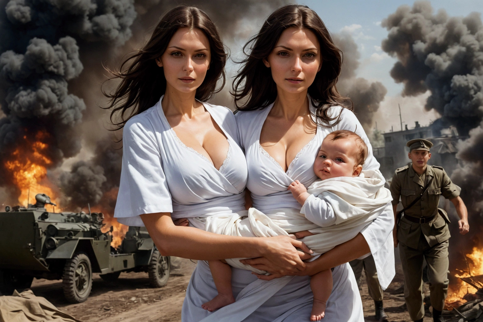 Create a representation of Stanisława Leszczyńska in the midst of war camp, holding a baby, the baby is wrapped in sheets, her clothe is of militar nurse, she is running on the midst of war, explosions on her back, shooters on her back, his clothes a little torn, full body, sexy body, showing her beautiful legs, big boobs