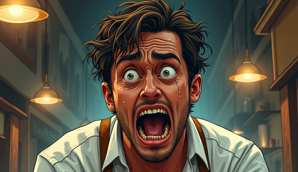 Illustration of a young man going crazy from working so hard as a waiter, perspiring, bulging gaze, messy hair, tired expression